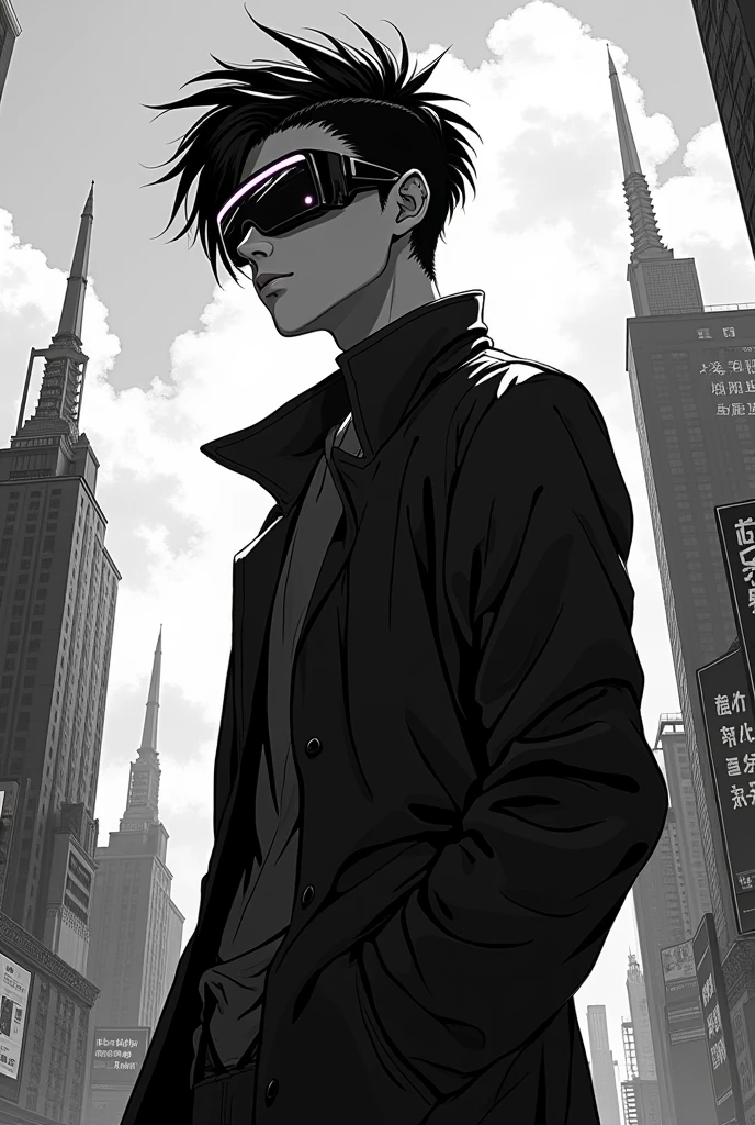 A guy with black hair in virtual glasses, black and white anime.
