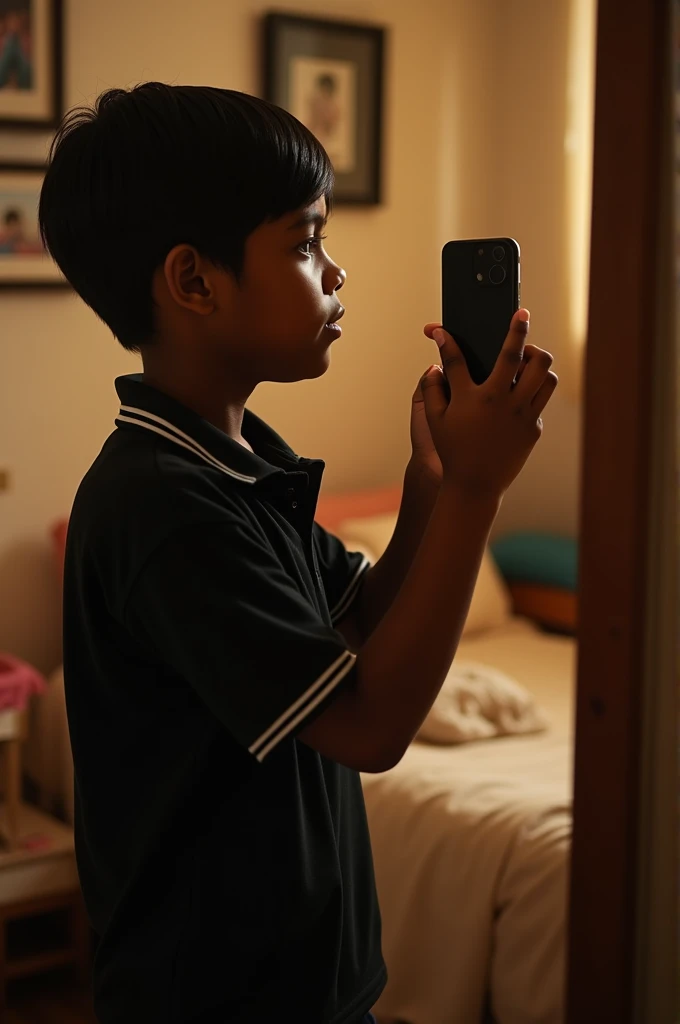 dark skinned boy, Chinese hair, with a black polo shirt with a collar, Profile, while taking a picture in the mirror