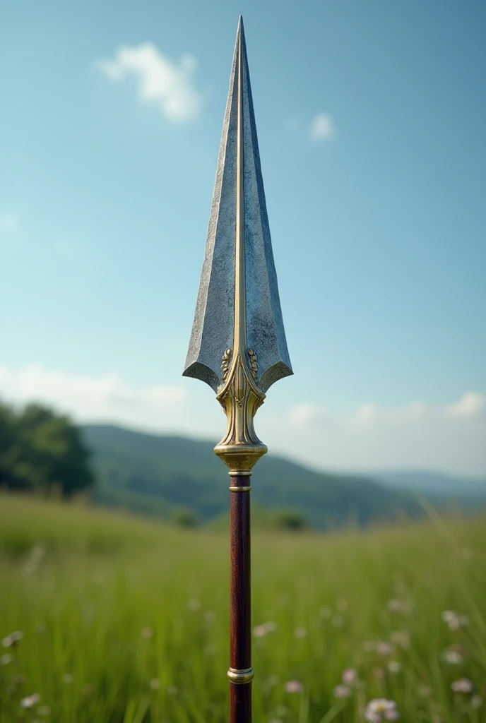 Silver-colored spear with a deep brown handle with golden notches and a long, wide, shiny gray edge.