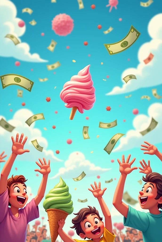 Lots of ice cream and dollars flying through the air