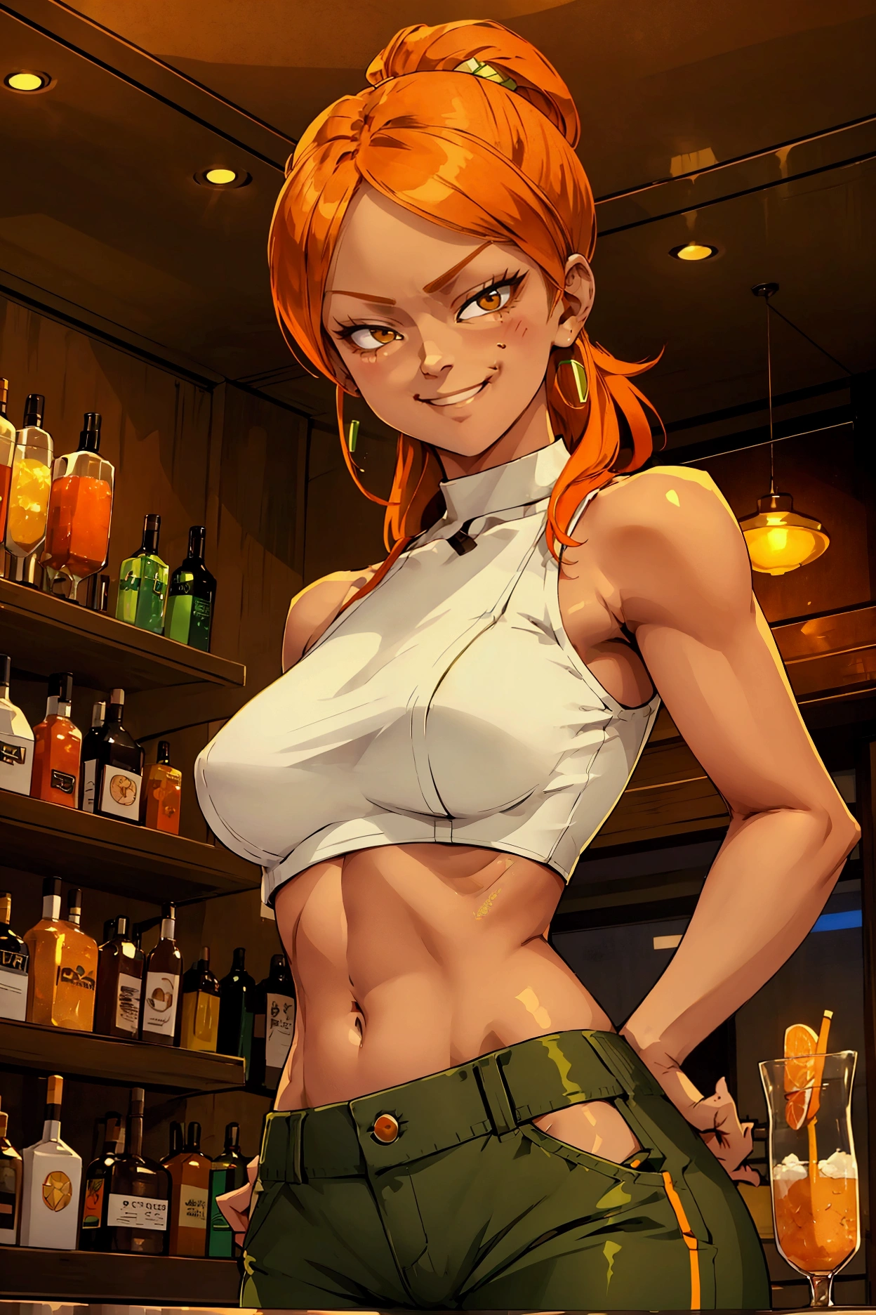 A orange hair white woman with a sexy body wearing a green crop top and brown pants in a bar and has a (smug confident expression:1.3) and is surrounded by black men without shirts