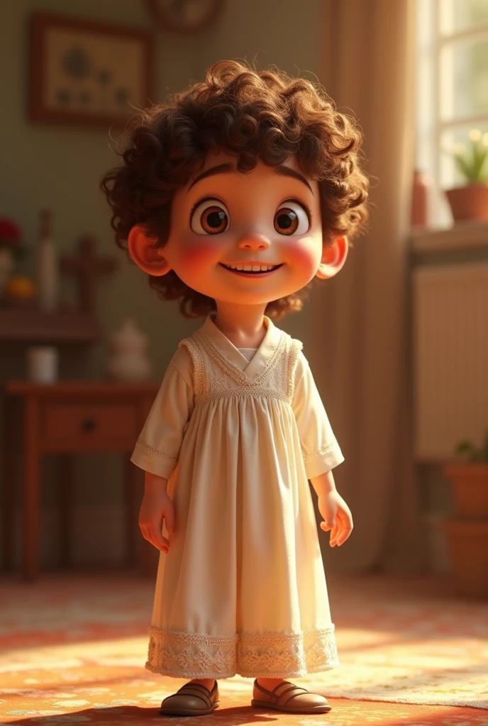 a young jew, male, 7 years old, Full-body image, Pixar-style, Caucasian skin, curly brown hair, wearing a white Jewish dress, happy and welcoming expression, detailed facial features, complex clothing folds, warm lighting, film composition, rewarded photography.