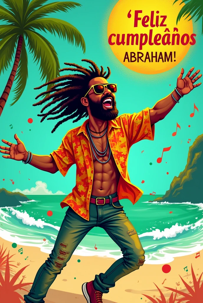 You can make a card ,"Happy birthday Abraham! ( in Spanish) " With reggae theme.