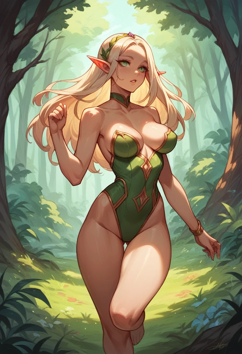 Beautiful Elf, sexy, slim, beautiful breasts, big butt, running in the forest, sexy