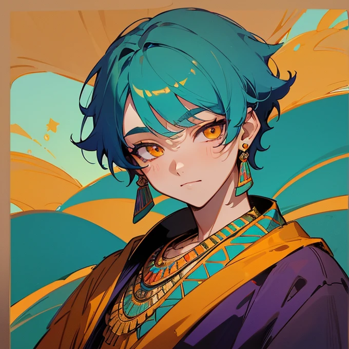 Solo, 1 boy, ((Turquoise hair)), orange eyes, short hair, Arabian style, handsome, , orange eye liner, soft smile closing eyes, ((ancient Arabic purple clothes)), Arabian nights, ((Egyptian style)), jewelry, (((high quality))), masterpiece, detailed face