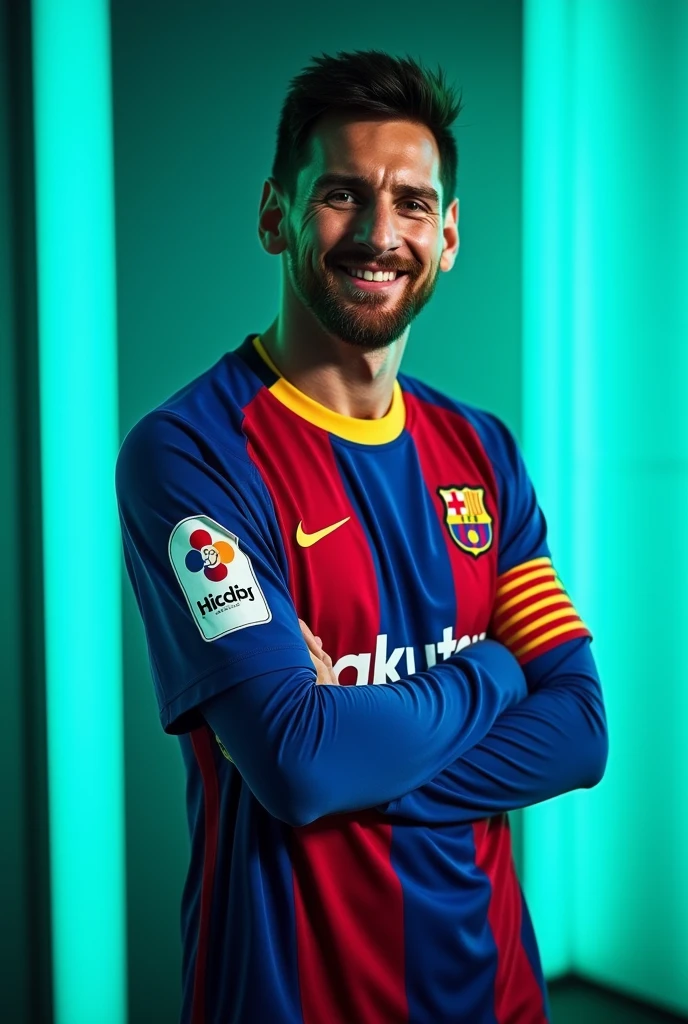 Lionel messi is dressed a Barcelona kit and he is confidentsmile.he stands against a aqua colour lightsand wall and wears a captain arm band.he is looking at the camera