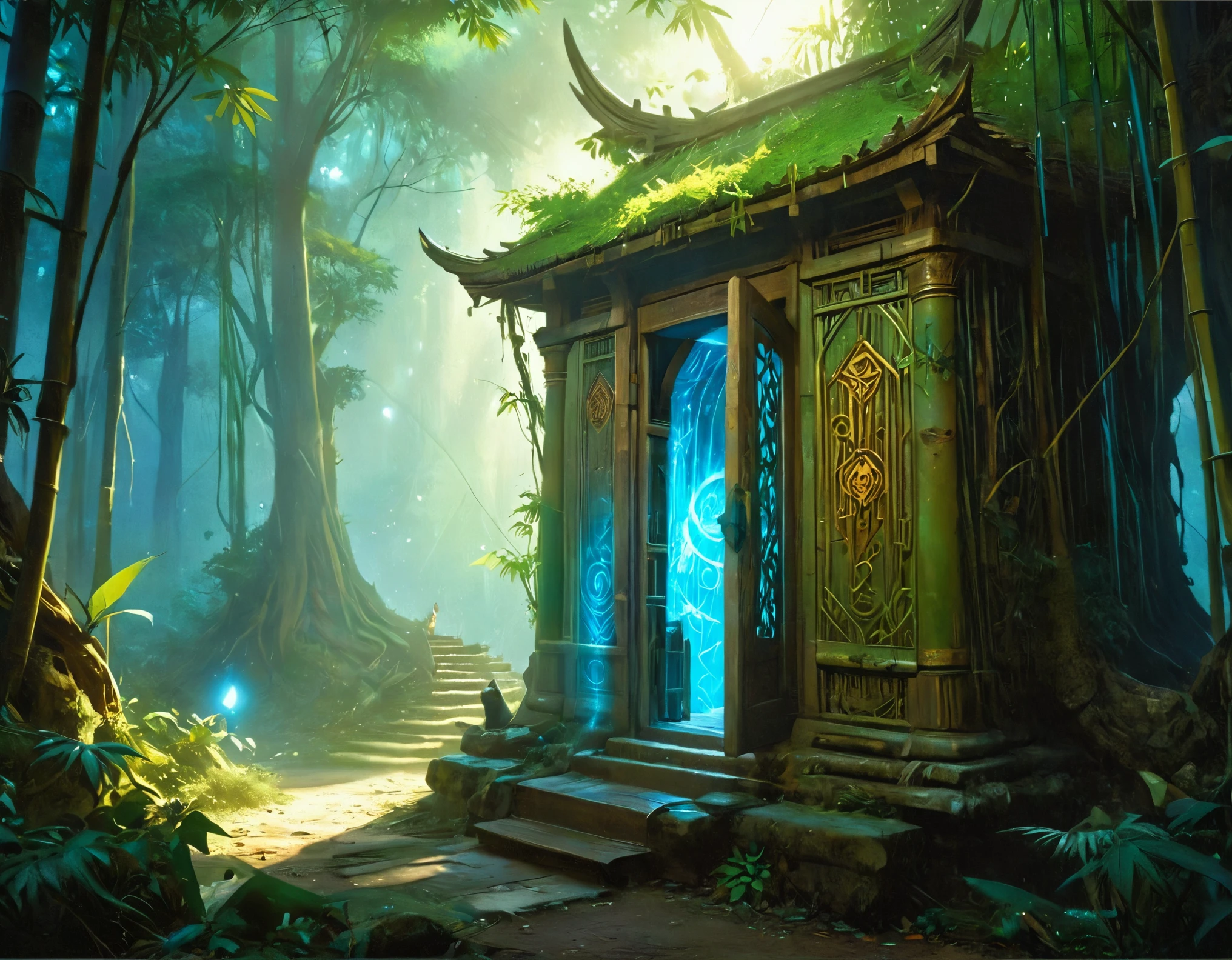 high details, best quality, 16k, [best detailed], masterpiece, best quality, (extremely detailed), a view from the rear (best details, Masterpiece, best quality), photorealistic, fantasy art, RPG art, a picture of a human sorceress sittings in bamboo forest, opening a large (magical doorway: 1.2), with magical runes on it, looking into the (heavens: 1.3), epic beautiful human woman (best details, Masterpiece, best quality), ultra detailed face (best details, Masterpiece, best quality), dynamic hair color, dynamic hair style, dynamic eyes color, dynamic dress (best details, Masterpiece, best quality), bamboo, the magical doorway opens into the heavens and you can see angels flying, glowing arcane sigils GlowingRunes_paleblue, fantasy bamboo forest at night, moon light, moon rays, stars, Ultra-high resolution, High Contrast, (masterpiece:1.5), highest quality, Best aesthetics), 16K fantasy art, best details, best quality, highres, (ultra wide angle: 1.2), 16k, [ultra detailed], masterpiece, best quality, (extremely detailed), Cinematic Hollywood Film