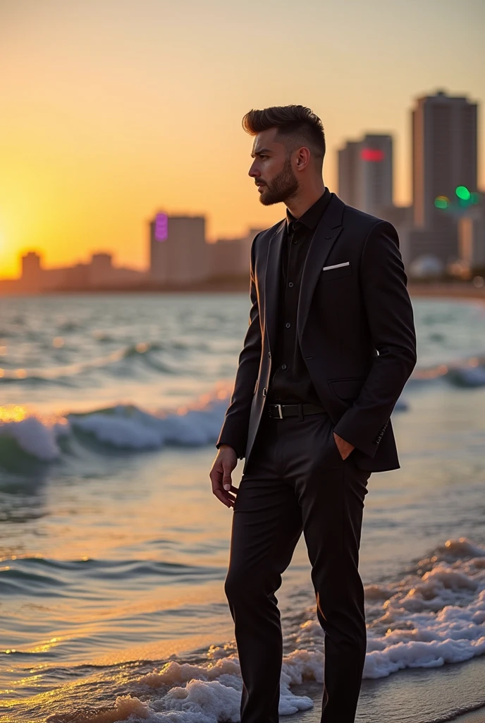 Handsome model man draw in Baku city on the shore of the Caspian Sea