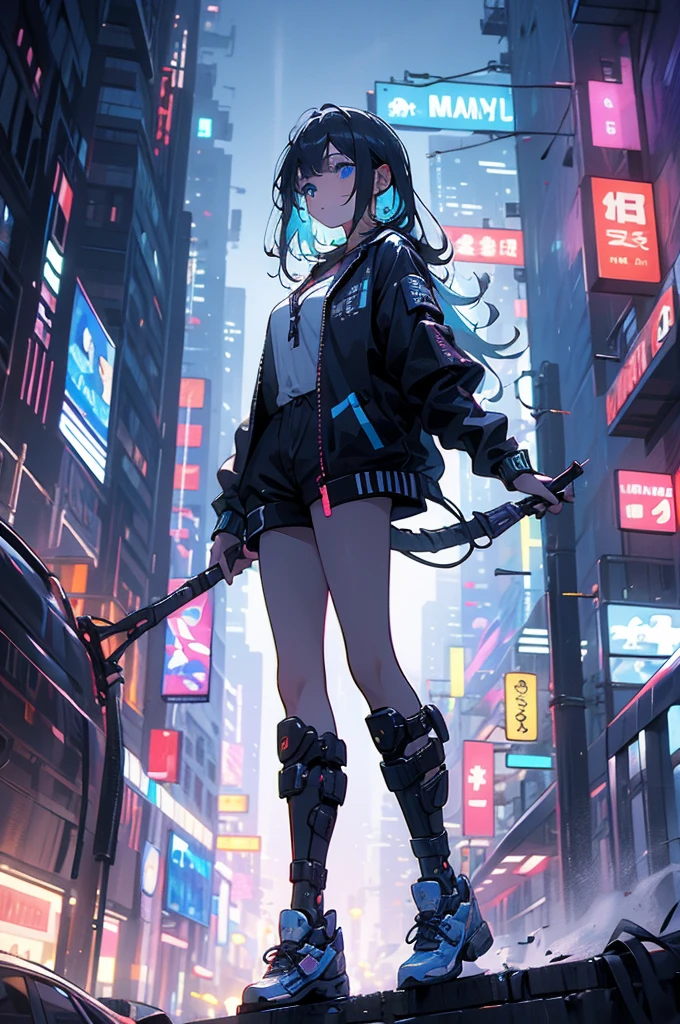 (masterpiece), (Highest quality), Ultra-high resolution, Sharp focus, ((1 female, alone)), whole body, Cyberpunk Theme, Beautiful detailed hair, Light blue hair, long hair hangs down, Beautifully detailed face, ((Beautifully shaped eyes, Blue Eyes)), Perfect feminine face, View your viewers, Feminine navy blue enamel cyberpunk outfit,refined armor, Neon lights in the city of bright colors, (At night:1.2)