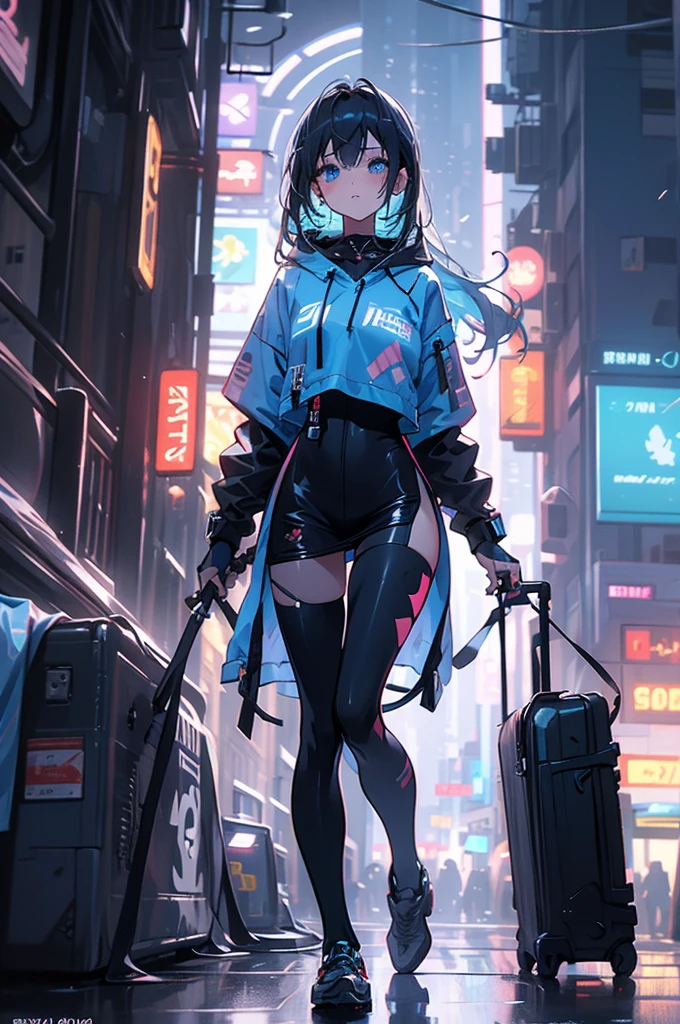 (masterpiece), (Highest quality), Ultra-high resolution, Sharp focus, ((1 female, alone)), whole body, Cyberpunk Theme, Beautiful detailed hair, Light blue hair, long hair hangs down, Beautifully detailed face, ((Beautifully shaped eyes, Blue Eyes)), Perfect feminine face, View your viewers, Feminine navy blue enamel cyberpunk outfit,refined armor, Neon lights in the city of bright colors, (At night:1.2)