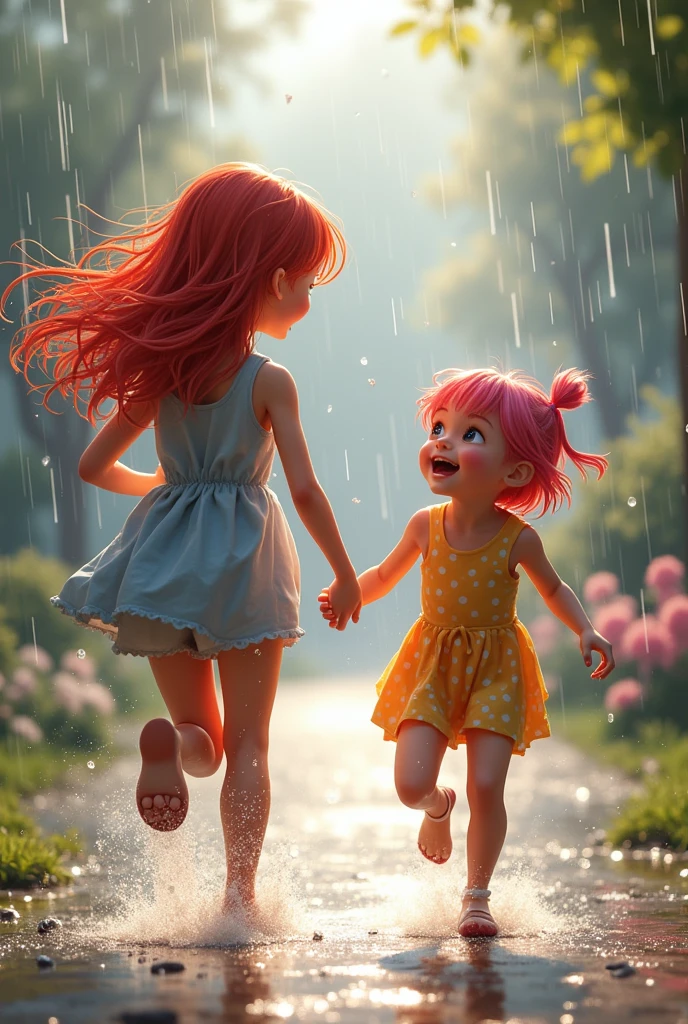 red-haired woman, running hand in hand with a pink-haired Japanese woman, both smiling, under the rain, with completely wet hair, both naked.