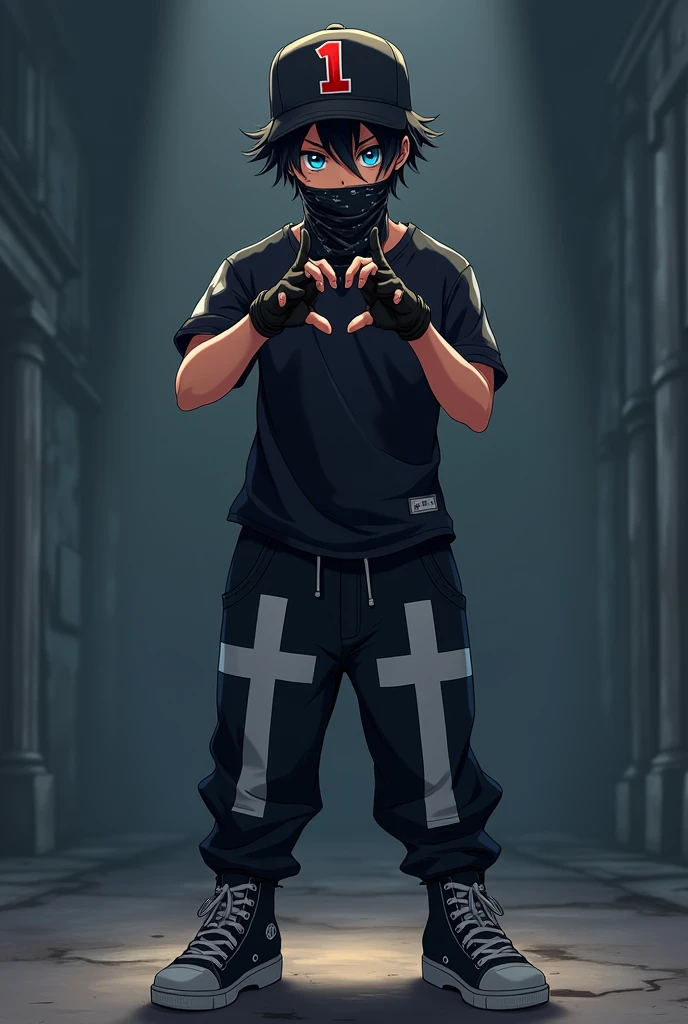 ((Alone)), (man), blue iris color, ((8k)), ((Well detailed)), ((Black hair)), Short hair, 21 years old, anime art, wearing a bandana on his mouth, wearing a black cap with a red number 1, black fingerless gloves, making a gang symbol with his fingers, wearing a black shirt, loose black pants with white cross details, serious look.