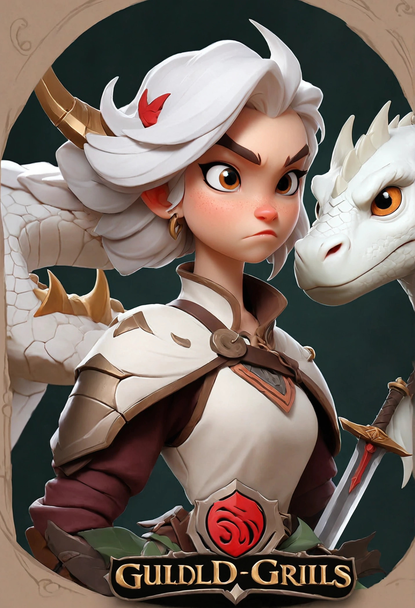 Guild logo with the name SHARP GIRLS, and a 2D drawing of a white dragon circling a handsome 2D warrior with long white hair and swords