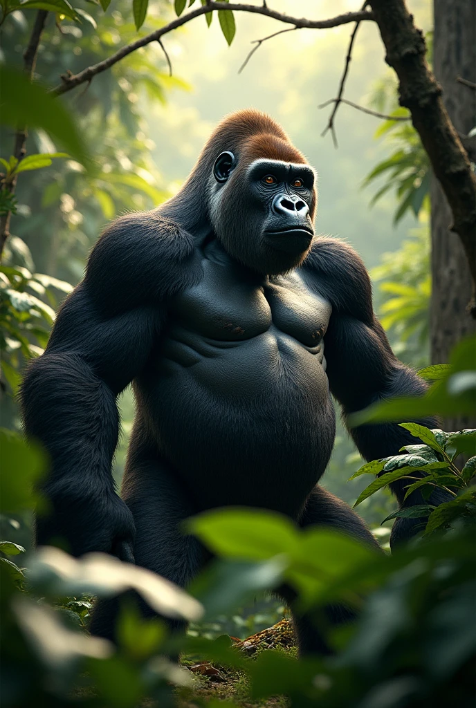 The image shows a colossal and powerful gorilla in a dense tropical jungle. The gorilla has shiny black fur that covers its muscular body., with a broad chest and strong arms that exude brute strength. His eyes are deep and brown, radiating an aura of intelligence and authority. His huge hands are resting on the floor, while he is in an upright posture, as if observing the environment carefully.The surrounding scenery is lush, verdant jungle., with tall trees and dense foliage that block most of the sunlight. There is a human figure hidden behind a large leaf, highlighting the gorilla's intimacy and dominance over the environment. The atmosphere is hot and humid, with the distant sound of wild animals and the rustling of leaves in the wind. The soft light that penetrates the treetops illuminates the gorilla, highlighting the shine of its fur and the imposing presence of its presence in the jungle.
