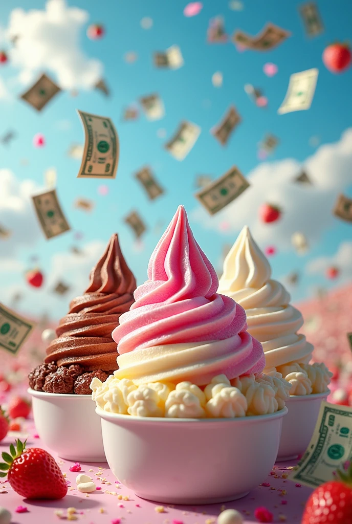 Various ice creams and dollars flying through the air