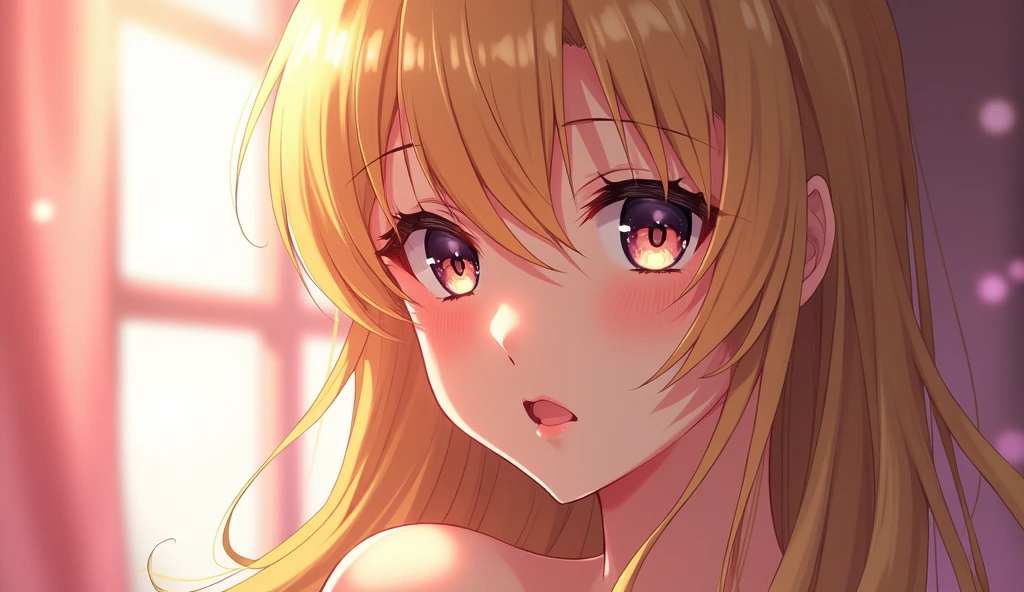 (best quality, ultra-detailed, photorealistic: 1.39), bright and vibrant colors, studio lighting, romantic expression, An effeminate girl, with a delicate and beautiful face. She is a girl who reflects seductive beauty, sparkling eyes, a beautiful woman with her blonde hair, her large breasts seduces, her silver eyes match her parted lips, beautiful pose in the left corner of the image, in the background it says cute and sexy girls, anime style, Anime Bishoujo
