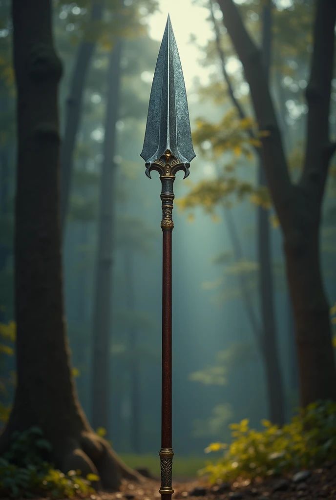 Silver-colored spear with a deep brown handle with golden notches and a long, wide, shiny gray edge.