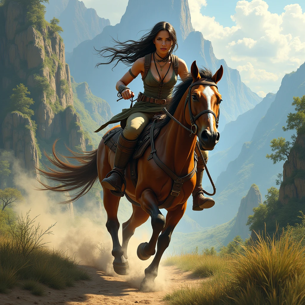 Create an adventurous scene featuring a female warrior resembling Lara Croft, riding a powerful horse through a rugged, wild landscape. The warrior should be dressed in iconic gear, with a confident expression as she leads the charge. The horse should be muscular and dynamic, captured in mid-gallop, with flowing mane and tail. The background should evoke a sense of adventure, with elements like towering mountains, dense forests, or ancient ruins. Include the text 'Laure-Alice est Lara Croft' in a bold, adventurous font, ensuring the text is clearly visible and integrated into the scene. Position the text in a way that complements the movement of the horse and rider, standing out while harmonizing with the overall composition. The lighting should enhance the action and energy, with dramatic highlights on both the rider and the horse.