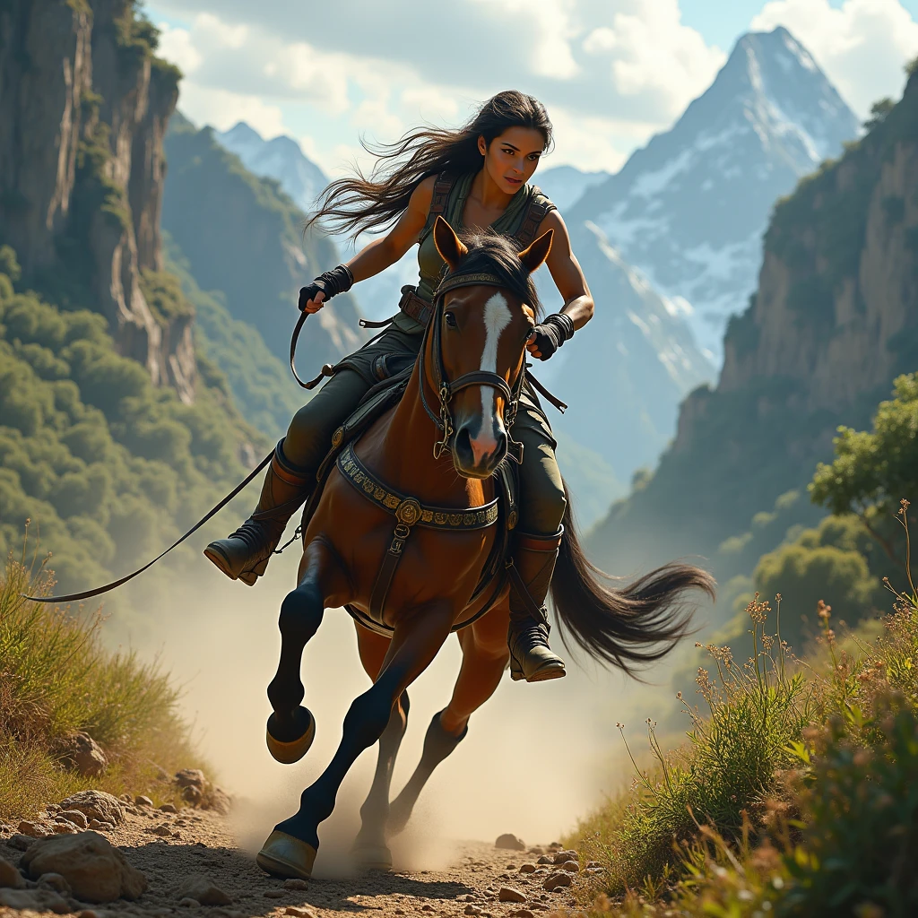 Create an adventurous scene featuring a female warrior resembling Lara Croft, riding a powerful horse through a rugged, wild landscape. The warrior should be dressed in iconic gear, with a confident expression as she leads the charge. The horse should be muscular and dynamic, captured in mid-gallop, with flowing mane and tail. The background should evoke a sense of adventure, with elements like towering mountains, dense forests, or ancient ruins. Include the text 'Laure-Alice est Lara Croft' in a bold, adventurous font, ensuring the text is clearly visible and integrated into the scene. Position the text in a way that complements the movement of the horse and rider, standing out while harmonizing with the overall composition. The lighting should enhance the action and energy, with dramatic highlights on both the rider and the horse.