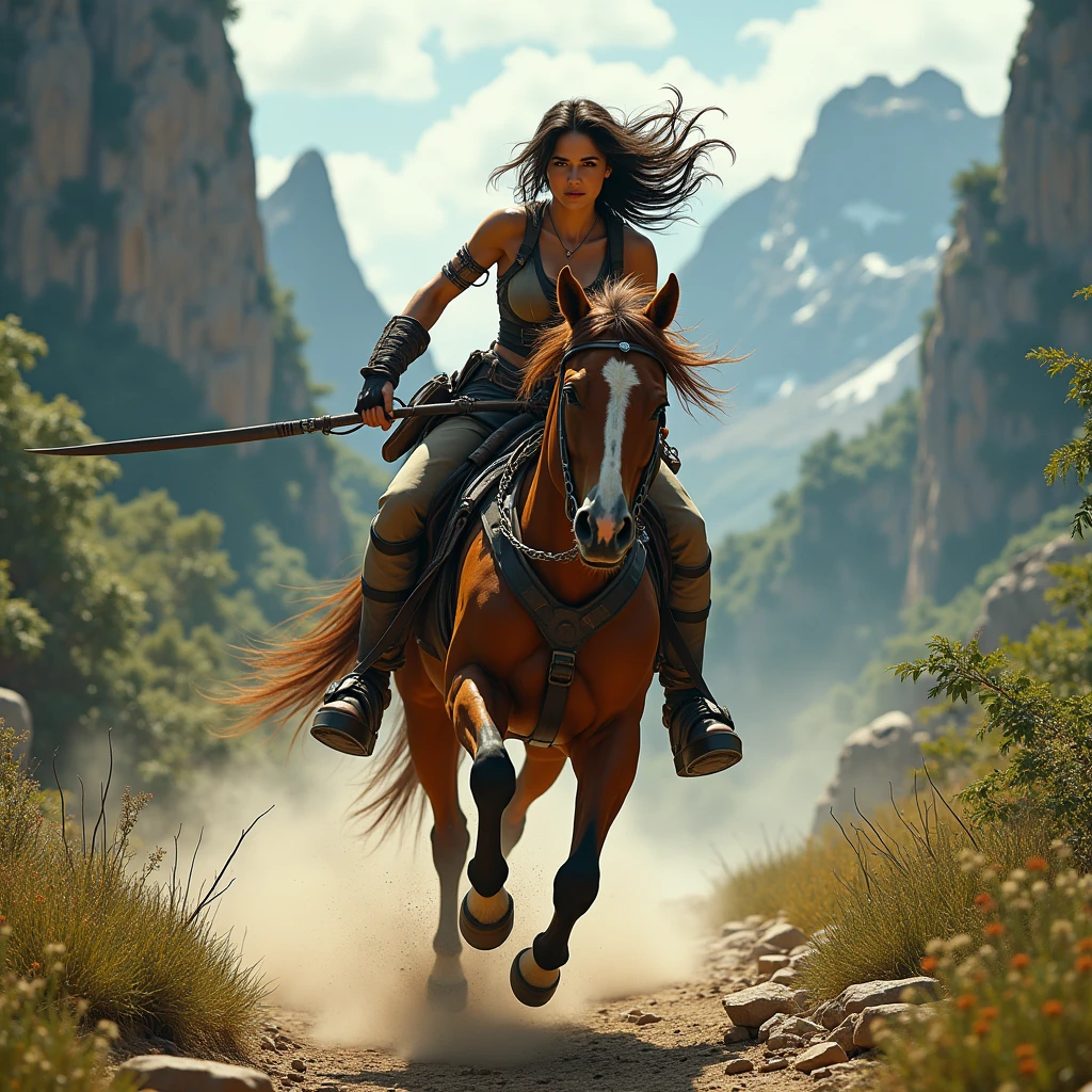 Create an adventurous scene featuring a female warrior resembling Lara Croft, riding a powerful horse through a rugged, wild landscape. The warrior should be dressed in iconic gear, with a confident expression as she leads the charge. The horse should be muscular and dynamic, captured in mid-gallop, with flowing mane and tail. The background should evoke a sense of adventure, with elements like towering mountains, dense forests, or ancient ruins. Include the text 'Laure-Alice est Lara Croft' in a bold, adventurous font, ensuring the text is clearly visible and integrated into the scene. Position the text in a way that complements the movement of the horse and rider, standing out while harmonizing with the overall composition. The lighting should enhance the action and energy, with dramatic highlights on both the rider and the horse.