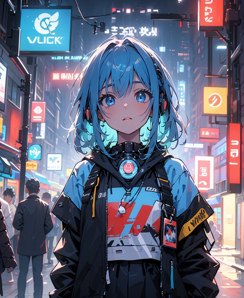 (masterpiece), (Highest quality), Ultra-high resolution, Sharp focus, ((1 female, alone)), whole body, Cyberpunk Theme, Beautiful detailed hair, Light blue hair, long hair hangs down, Beautifully detailed face, ((Beautifully shaped eyes, Blue Eyes)), Perfect feminine face, View your viewers, Feminine navy blue enamel cyberpunk outfit,refined armor, Neon lights in the city of bright colors, (At night:1.2)