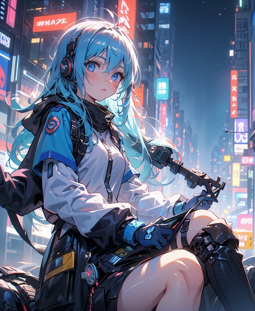 (masterpiece), (Highest quality), Ultra-high resolution, Sharp focus, ((1 female, alone)), whole body, Cyberpunk Theme, Beautiful detailed hair, Light blue hair, long hair hangs down, Beautifully detailed face, ((Beautifully shaped eyes, Blue Eyes)), Perfect feminine face, View your viewers, Feminine navy blue enamel cyberpunk outfit,refined armor, Neon lights in the city of bright colors, (At night:1.2)