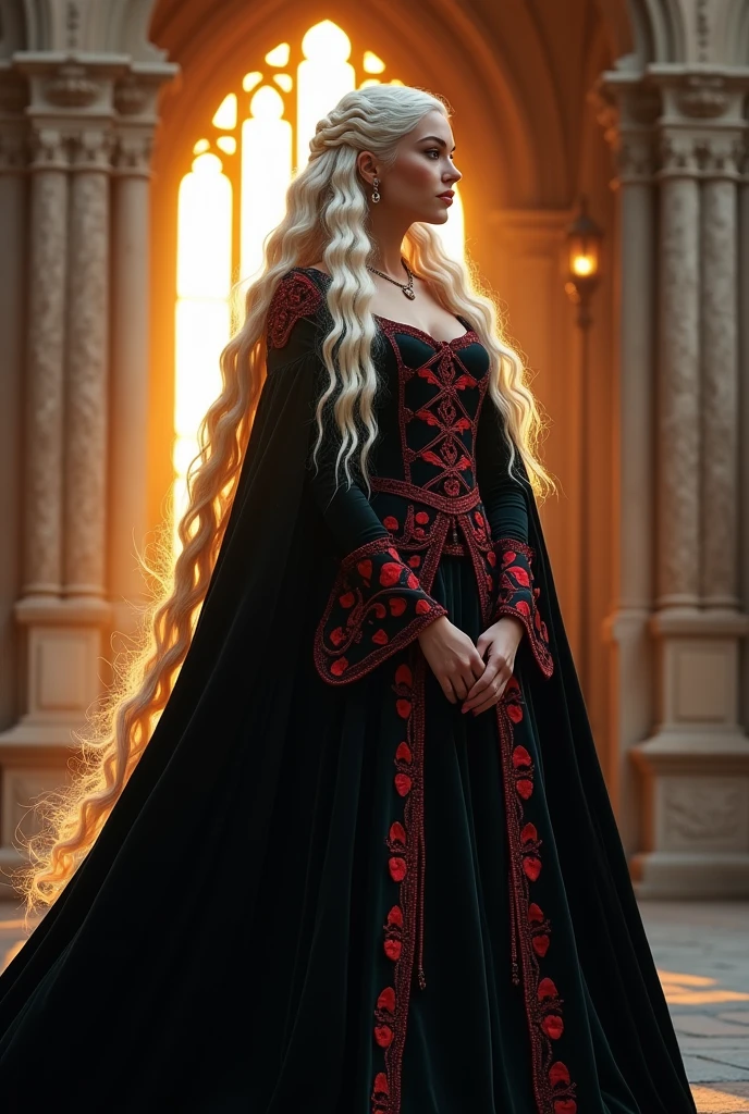 A beautiful Aesthetic Targaryen Princess with long curly platinum blonde hair, she's wearing a royal black velvet Queen gown with red details, photorealistic, hyperreality, textured, highly detailed, 4K