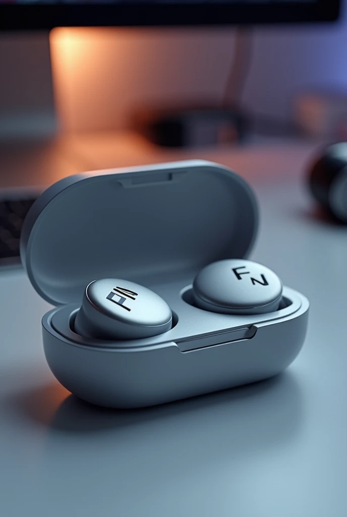 Silver bluetooth headset with charging case, with the letters ( F N ) printed in black and white