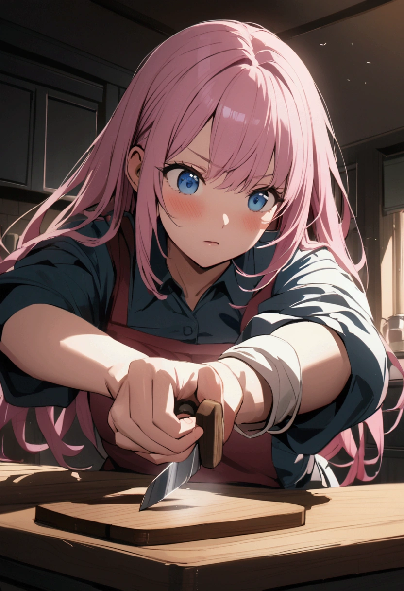 whetstone、Sharpening kitchen knives、Girl with pink hair、blue eyes、Twin Drill、A scene from a movie