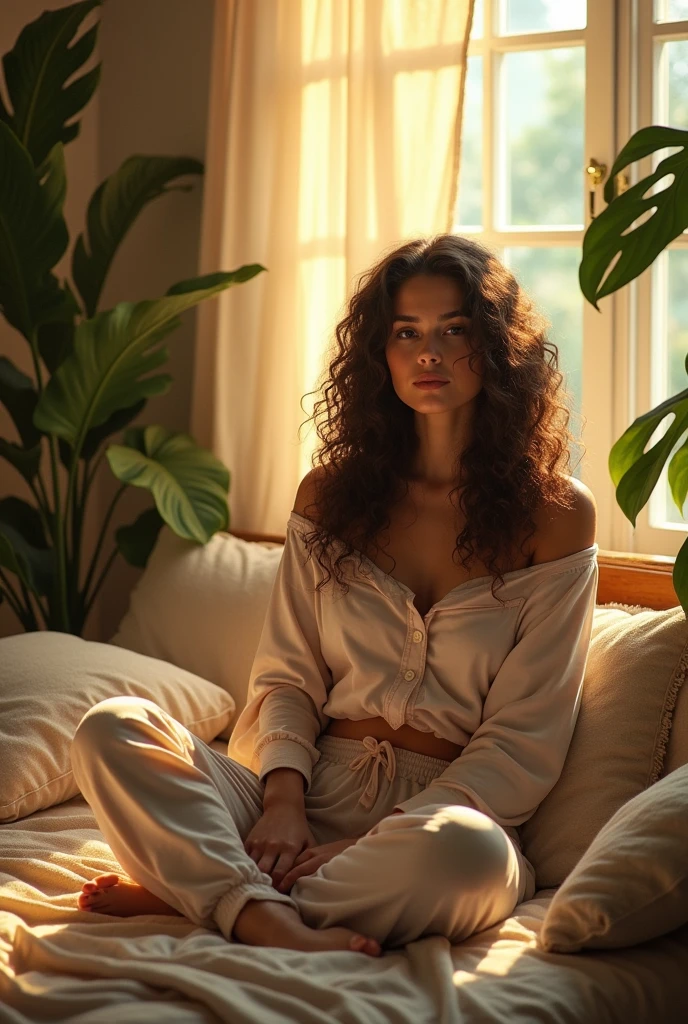 (photorealism:1.2), beautiful woman, sitting on bed, wearing loose off-shoulder top, pajama pants, long curly hair, indoors, soft lighting, plants in background, window with sunlight, cozy room, relaxed pose, realistic, intricate details, warm colors, by Greg Rutkowski, by Alphonse Mucha