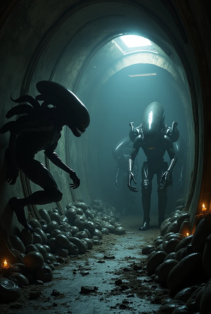 (photorealism:1.2), Dark atmosphere in a spaceship It became home to many xenomorphs and xenomorph eggs, some of which had larval pods emerging from them.