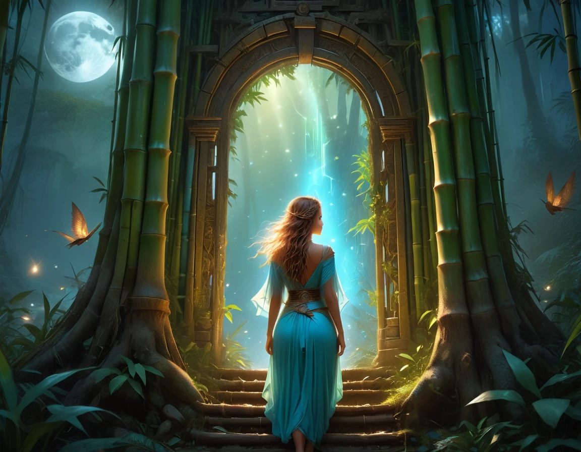 high details, best quality, 16k, [best detailed], masterpiece, best quality, (extremely detailed), a view from the rear (best details, Masterpiece, best quality), photorealistic, fantasy art, RPG art, a picture of a human sorceress sittings in bamboo forest, opening a large (magical doorway: 1.2), with magical runes on it, looking into the (heavens: 1.3), epic beautiful human woman (best details, Masterpiece, best quality), ultra detailed face (best details, Masterpiece, best quality), dynamic hair color, dynamic hair style, dynamic eyes color, dynamic dress (best details, Masterpiece, best quality), bamboo, the magical doorway opens into the heavens and you can see angels flying, glowing arcane sigils GlowingRunes_paleblue, fantasy bamboo forest at night, moon light, moon rays, stars, Ultra-high resolution, High Contrast, (masterpiece:1.5), highest quality, Best aesthetics), 16K fantasy art, best details, best quality, highres, (ultra wide angle: 1.2), 16k, [ultra detailed], masterpiece, best quality, (extremely detailed), Cinematic Hollywood Film