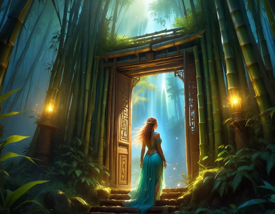 high details, best quality, 16k, [best detailed], masterpiece, best quality, (extremely detailed), a view from the rear (best details, Masterpiece, best quality), photorealistic, fantasy art, RPG art, a picture of a human sorceress sittings in bamboo forest, opening a large (magical doorway: 1.2), with magical runes on it, looking into the (heavens: 1.3), epic beautiful human woman (best details, Masterpiece, best quality), ultra detailed face (best details, Masterpiece, best quality), dynamic hair color, dynamic hair style, dynamic eyes color, dynamic dress (best details, Masterpiece, best quality), bamboo, the magical doorway opens into the heavens and you can see angels flying, glowing arcane sigils GlowingRunes_paleblue, fantasy bamboo forest at night, moon light, moon rays, stars, Ultra-high resolution, High Contrast, (masterpiece:1.5), highest quality, Best aesthetics), 16K fantasy art, best details, best quality, highres, (ultra wide angle: 1.2), 16k, [ultra detailed], masterpiece, best quality, (extremely detailed), Cinematic Hollywood Film