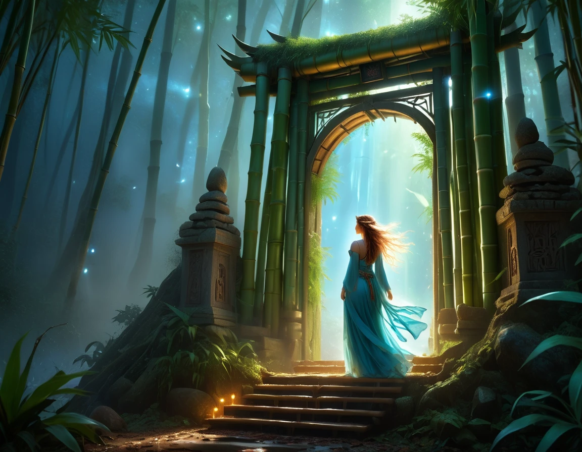 high details, best quality, 16k, [best detailed], masterpiece, best quality, (extremely detailed), a view from the rear (best details, Masterpiece, best quality), photorealistic, fantasy art, RPG art, a picture of a human sorceress sittings in bamboo forest, opening a large (magical doorway: 1.2), with magical runes on it, looking into the (heavens: 1.3), epic beautiful human woman (best details, Masterpiece, best quality), ultra detailed face (best details, Masterpiece, best quality), dynamic hair color, dynamic hair style, dynamic eyes color, dynamic dress (best details, Masterpiece, best quality), bamboo, the magical doorway opens into the heavens and you can see angels flying, glowing arcane sigils GlowingRunes_paleblue, fantasy bamboo forest at night, moon light, moon rays, stars, Ultra-high resolution, High Contrast, (masterpiece:1.5), highest quality, Best aesthetics), 16K fantasy art, best details, best quality, highres, (ultra wide angle: 1.2), 16k, [ultra detailed], masterpiece, best quality, (extremely detailed), Cinematic Hollywood Film