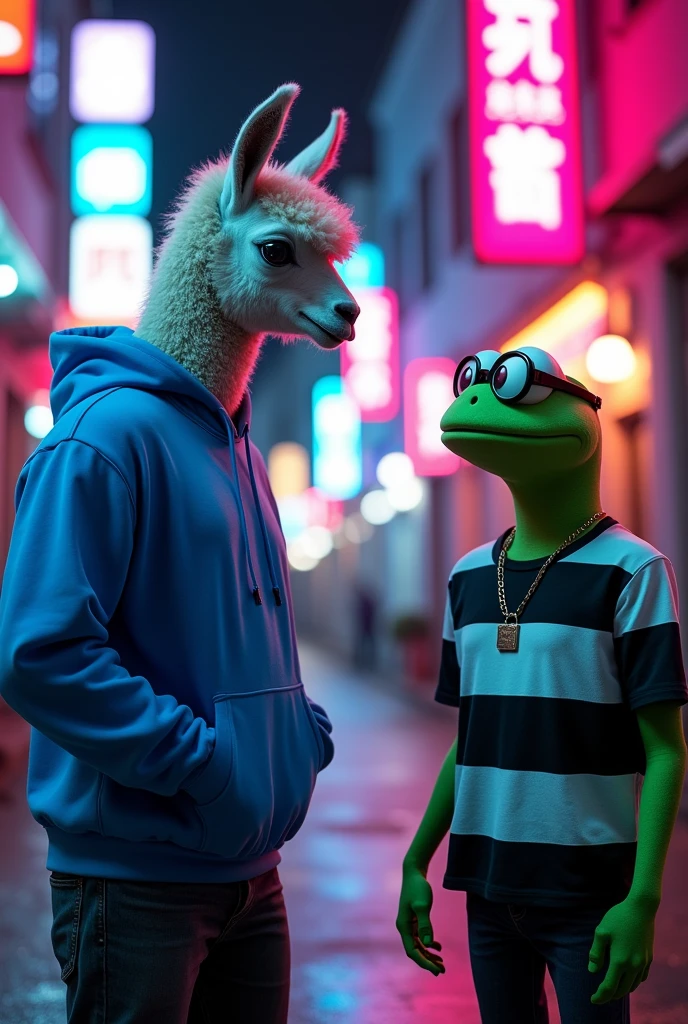 A Boody bilder Human being llama in a bright spot blue sweatshirt with six pack talking to Pepe the Frog with circle glasses in a black and white striped outfit t shirt in a dark cyberpunk night cul-de-sac with neon lighs . Hipper realistic