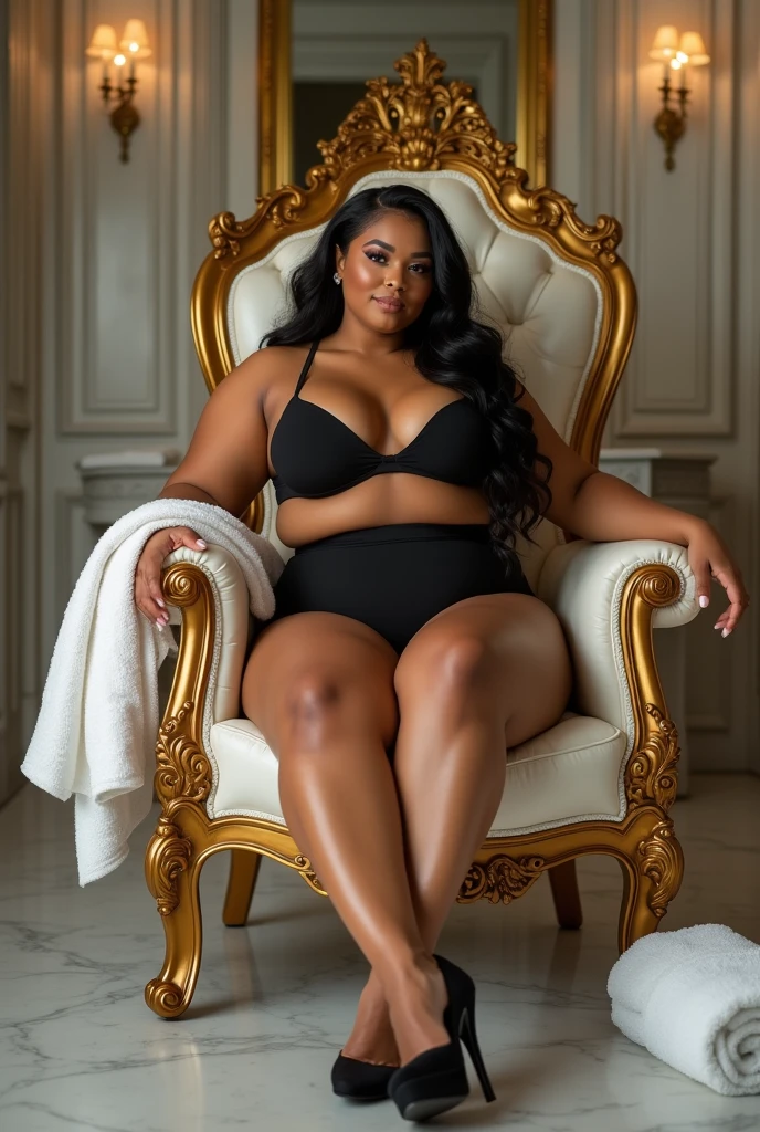 Plus size boss in black bikini and heels on toilet