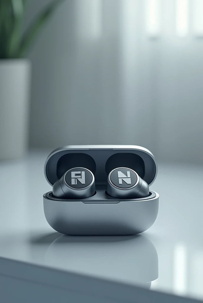 Silver bluetooth headset with charging case, with the letters ( F N ) printed in black and white