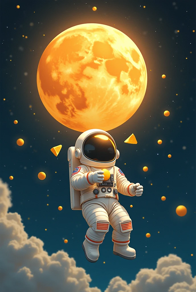 An astronaut eating the cheese moon while the thousand yard eye sun watches