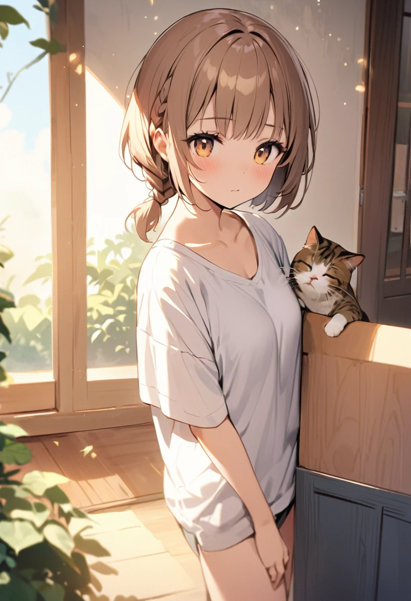 Highest quality、High resolution、Detailed Background、Beautiful face in every detail:、Teenage beauty、Normal number of fingers、Highly detailed face、Detailed eyes、Perfect body line、Light color hair、Braided bob cut、ponytail、cute仕草、A girl with a gentle gaze、
A brown tabby cat was sleeping peacefully in front of a girl standing in a quiet park.、The girl looks at the cat with a gentle gaze、Slowly approaching, snuggling up、The cat noticed the girl&#39;s gentle gesture、He slowly opened his eyes and looked back at the girl.、The girl gently stroked the cat&#39;s head, and the cat closed its eyes as if in comfort.、It&#39;s enough just to feel each other&#39;s presence in silence.、The girl looked at the cat&#39;s gentle expression.、She suddenly smiled.、The love for small lives、It was a moment when I felt the preciousness of life.、cute