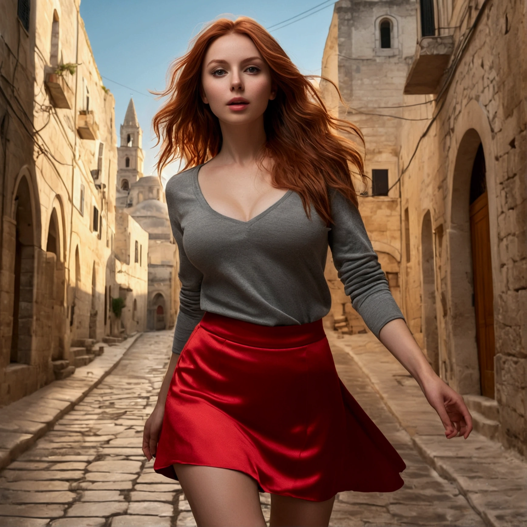 (Yes, NFV),redhead Model Pose. Arafed Instagram supermodel, redhead model girl with juicy figure and big breasts, pale skin, perfect face, The girl is wearing a red mid-length skirt., WindyUpskirt, the wind flutters her skirt, showing off her perfect ass. Visible buttocks, ((extreme detail)), (Ultra detailed), Best quality, ultra high resolution, (8 K, RAW photo, masterpiece, realist, photorealist:1.4), 8 K uhd, SLR camera, absurds, Ray tracing, high quality texture, complex parts, detailed texture, finely detailed. photo of a girl. She&#39;s running. She&#39;s running down the streets of Matera. Outdoors in the Sassi of Matera. In the background is the Cathedral of Matera. Beautiful perfect face. soft skin, real pores, Behind, I look at the viewer, Best quality, Small parts, {{masterpiece, Best quality, extremely detailed computer graphics, unity 8 K wallpaper, cinematic lighting, lens flare}}. [Nature (full) surrounded by fog, evoking a mysterious and eerie atmosphere. The lighting is dark and atmospheric..., with red smoke, which adds a touch of ominous atmosphere. Best quality image, with a resolution of 4K and HDR enhancement, показывая максимальный уровень детализации и realistичности, full body shot:1.5]. [8 K, Best quality, ultra high resolution, (very detailed CG unity 8 K wallpaper), (best photo), (best darkness), isometric 3D, Octane rendering, Ray tracing, very detailed, (Best quality, 4K, 8 K:1.2), absurd, Ultra detailed, (realist, photorealist, photorealist:1.37), complex parts, HDR, (complex parts:1.12), (hyper detailed, hyper realist, soft lighting, spicy:1.2), (complex parts, hyper detailed:1.15). blurry close-up. (with backlight), masterpiece, high quality, Shine, chromatic aberration, 8 K uhd, hazy smoke, darkness, contrast, clear sky, (warm tone, warm tone), high detail, Natural Reflections]. showing her ass naked red panties mini skirt