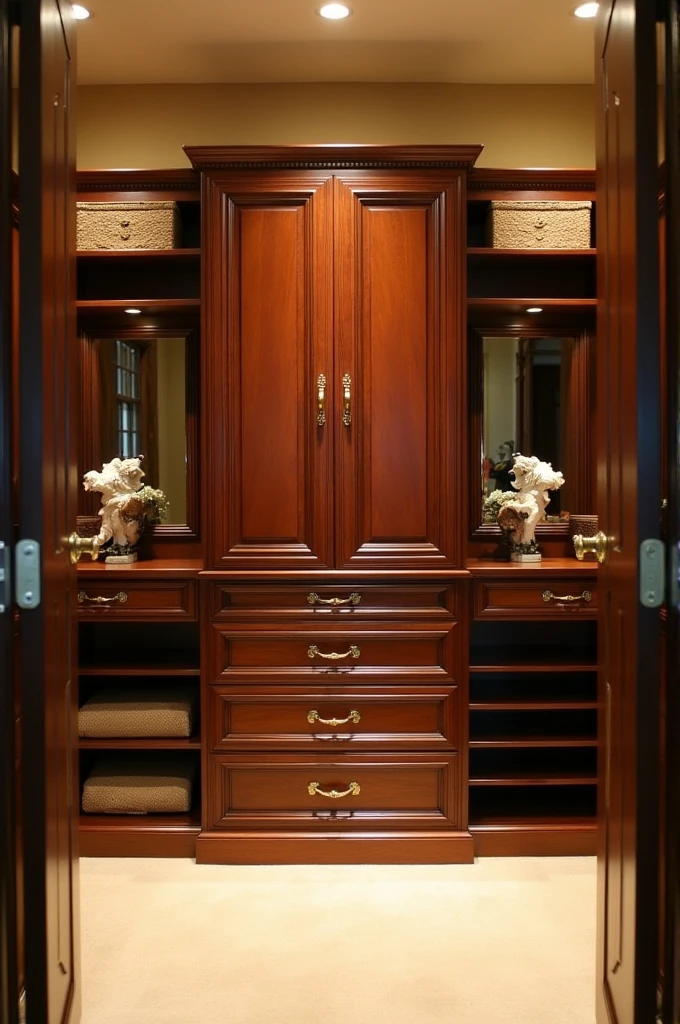 A closet with 1 door at each end, 4 in the center and 4 drawers in the center below
