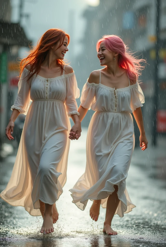 red-haired woman, running hand in hand with a pink-haired Japanese woman, both smiling, under the rain, with completely wet hair, both wearing white, transparent nightgowns.