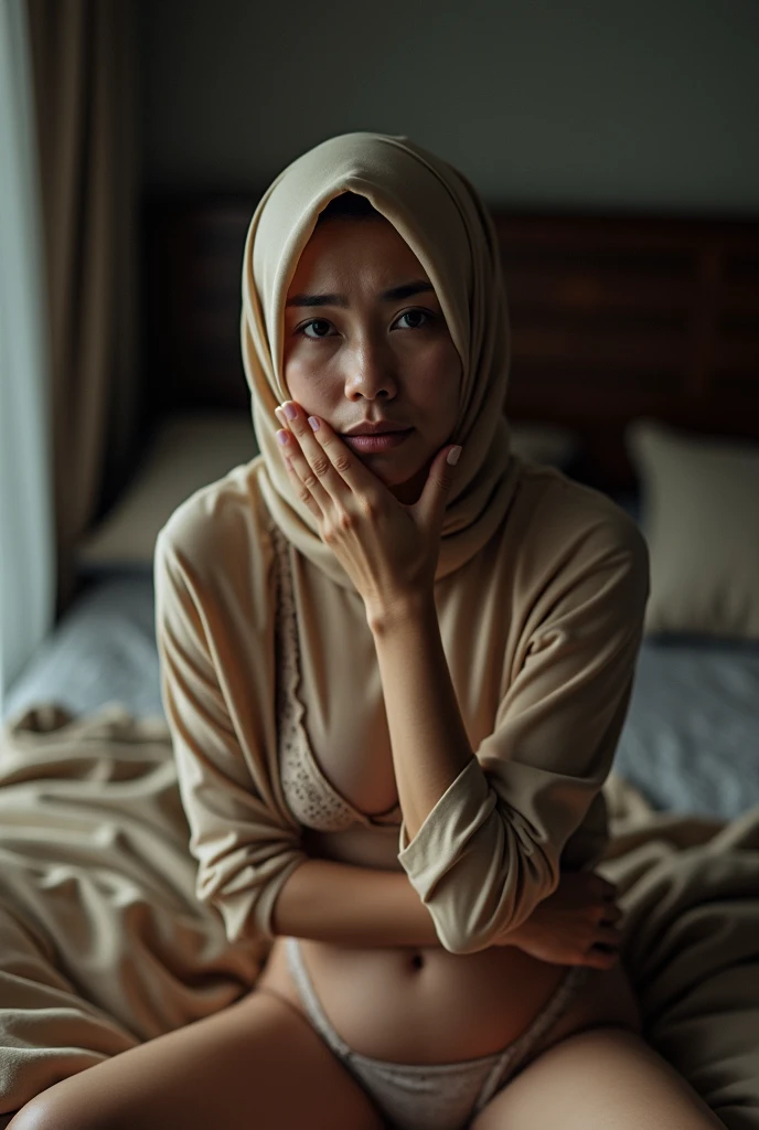 A dramatic, full-body portrait of a beautiful 35-year-old Indonesian woman wearing only her hijab, bra, and panties, sitting on a bed as she cries emotionally, covering her half-naked body with her hand. Her facial expression is one of shame and sadness, having just been humiliated by her 17-year-old son. In the background, a sleeping 14-year-old boy lies next to her. The scene is captured in sharp focus, with surreal lighting and composition. The woman's beautiful face, slim physique and small breasts are prominently featured, as well as her thin waist. The entire image is rendered in stunning detail, with lifelike realism and subtle depth of field. The camera captures the scene in a raw, candid style, reminiscent of 16mm film. Color grading is reminiscent of Portra 400 film, with vibrant colors and nuanced shading.