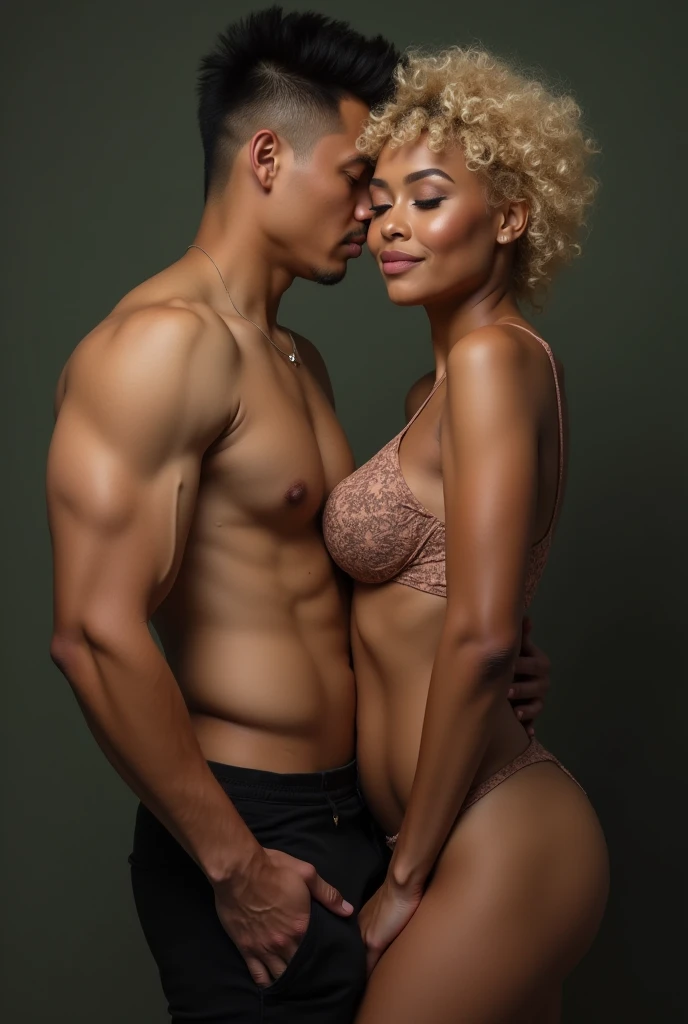 (photorealism:1.2), full body portrait of chinese man having with a fair skin black woman with short curly blonde hair, big bood juicy buttox