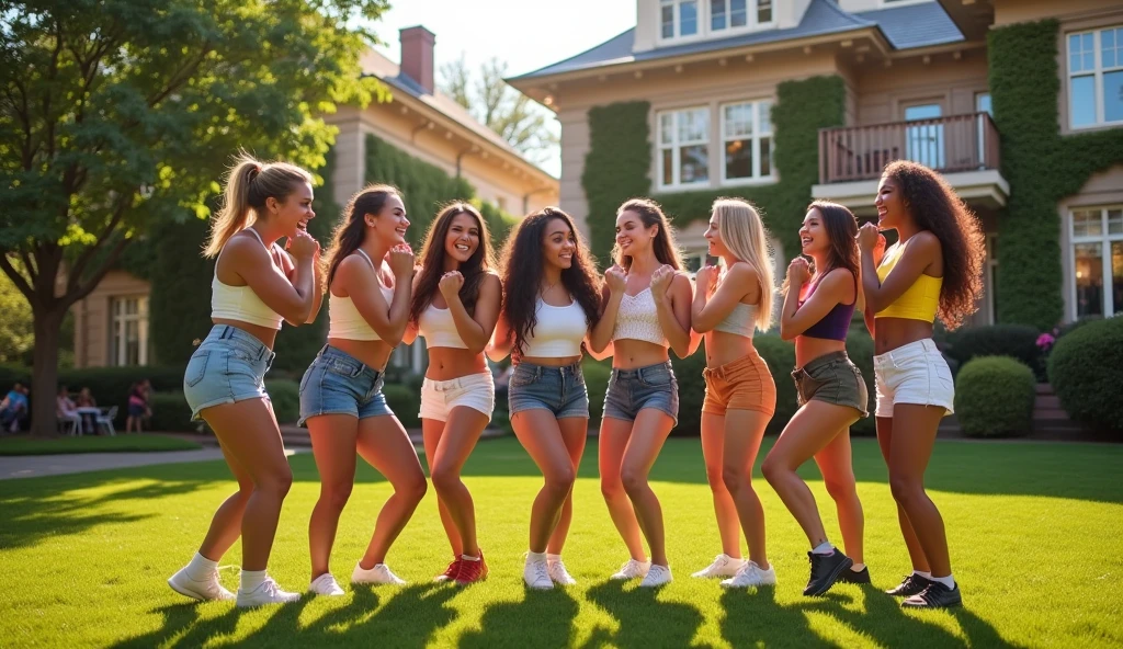 A group of strong sorority girls lifting and carrying nerdy fraternity boys on their shoulders. Sorority house in the background.