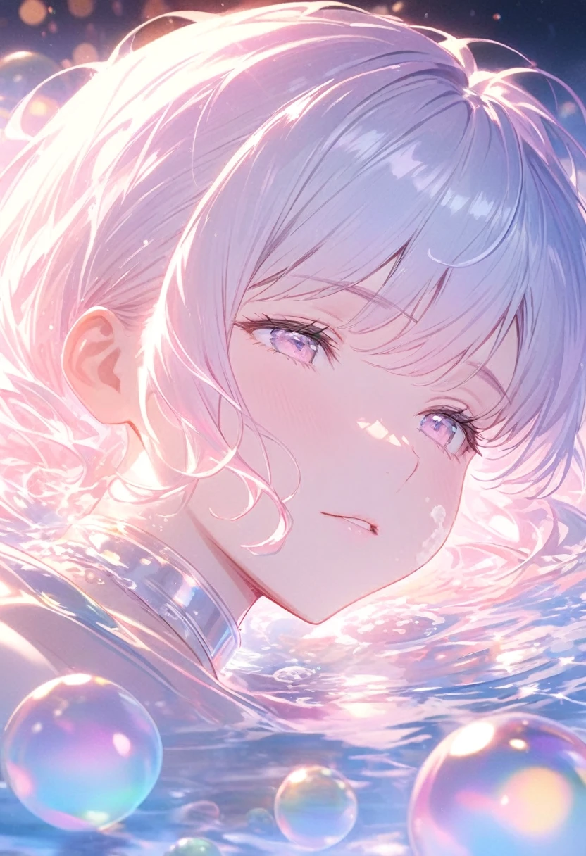 A person lying in the water,With smooth abstraction,Reflection and mirror styles,Transparent light pink,Shimizu,White soap bubbles,Bokeh photos,Close-up from the neck up,Head close-up