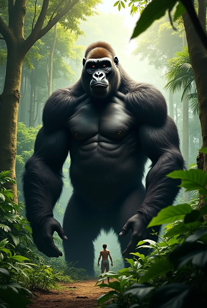 The image shows a colossal and powerful gorilla in a dense tropical jungle. The gorilla has shiny black fur that covers its muscular body., with a broad chest and strong arms that exude brute strength. His eyes are deep and brown, radiating an aura of intelligence and authority. His huge hands are resting on the floor, while he is in an upright posture, as if observing the environment carefully.The surrounding scenery is lush, verdant jungle., with tall trees and dense foliage that block most of the sunlight. There is a human figure hidden behind a large leaf, highlighting the gorilla&#39;s intimacy and dominance over the environment. The atmosphere is hot and humid, with the distant sound of wild animals and the rustling of leaves in the wind. The soft light that penetrates the treetops illuminates the gorilla, highlighting the shine of its fur and the imposing presence of its presence in the jungle.