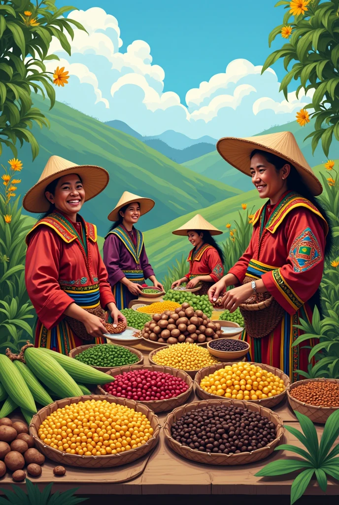 Marketing of corn,  Bean,  potatoes and coffee, in an indigenous area, as a single graphic element.
