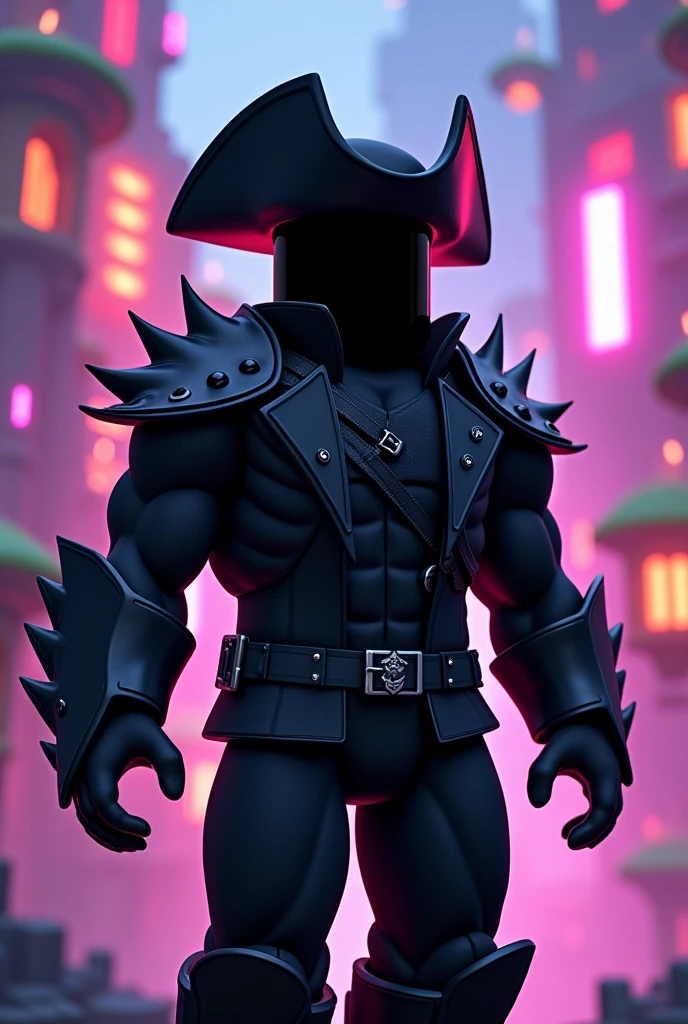 Roblox male character with black clothes and black pants with Roblox headless and roblox korblox with a black roblox pirate hat 

