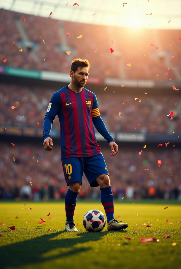 Lionel messi is dressed a Barcelona kit 
